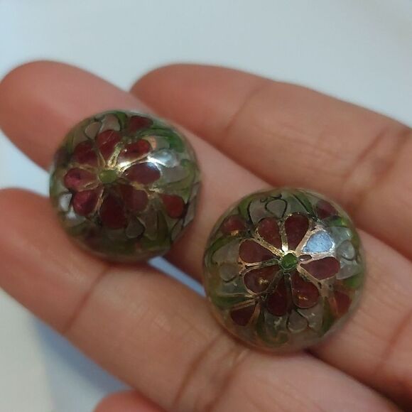 SOLD 60s Plaque A Jour Stain Glass Thin Glass Dome Clip On Earrings Cloisonne - Picture 1 of 8